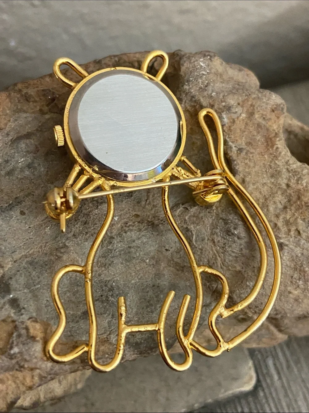 VTG 80s Homer Gold Tone Cat Brooch Watch with Crystal Accents